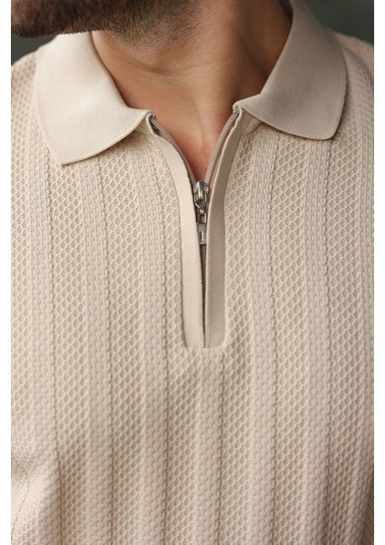 Taş Rengi Yarım Fermuarlı Polo Yaka Triko Kazak E7426 modelleri