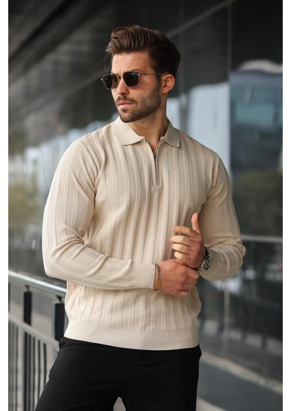 Taş Rengi Yarım Fermuarlı Polo Yaka Triko Kazak E7426 fırsatları