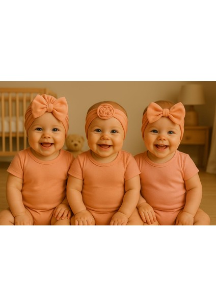 Kız Bebek Pudra Fiyonklu Bone Bandana 3lü Set