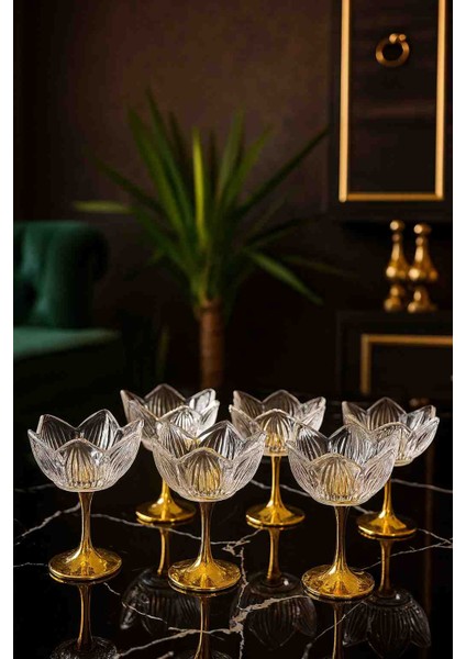 Gold Ayaklı Cam Lotus Çiçeği Sunumluk – 6 Lı Şekerlik Lokumluk Kahve Yanı Ikramlık