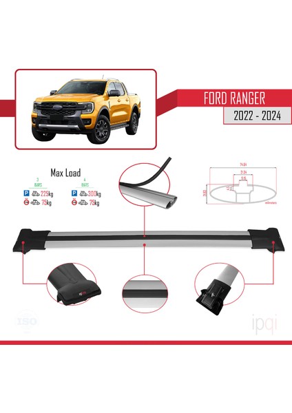 Ford Ranger (P703) 2022-2024 Arası ile Uyumlu Fly Model Ara Atkı Tavan Barı Gri 3 Adet modelleri