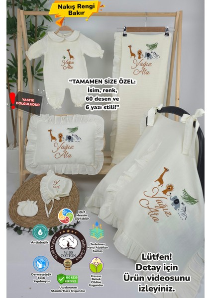Müslin Yeni Doğan 4katlı Organik %100PAMUK Kişiye Özgü Nakışlı Hastane Çıkış Seti (Safari Model-3)