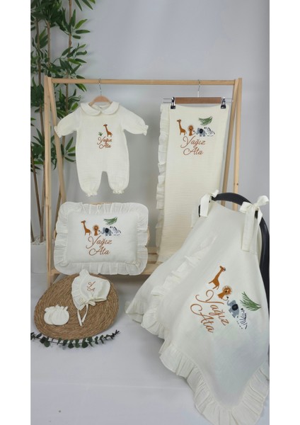 Müslin Yeni Doğan 4katlı Organik %100PAMUK Kişiye Özgü Nakışlı Hastane Çıkış Seti (Safari Model-3) fiyatları