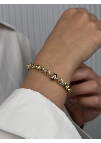 14 Ayar Altın Mavi Taşlı Nazar Boncuklu Bileklik 525