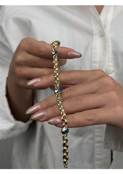 14 Ayar Altın Mavi Taşlı Nazar Boncuklu Bileklik 525 modelleri