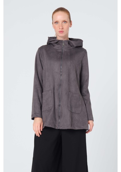 Fermuarlı Kapüşonlu Nubuk Ceket