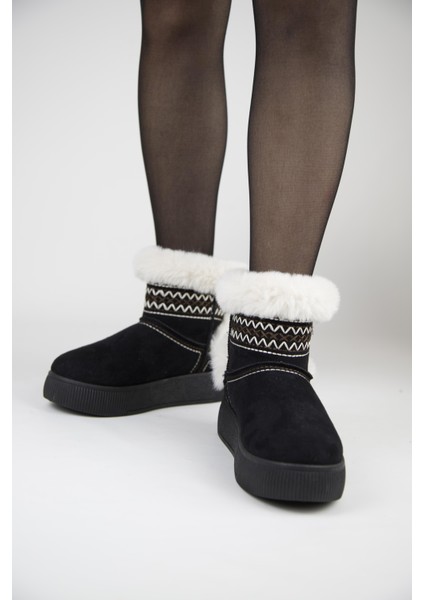 219851142-1 Kadın Yumuşak Rahat Kürklü Bot - Tekstil Süet Kışlık Siyah Bot