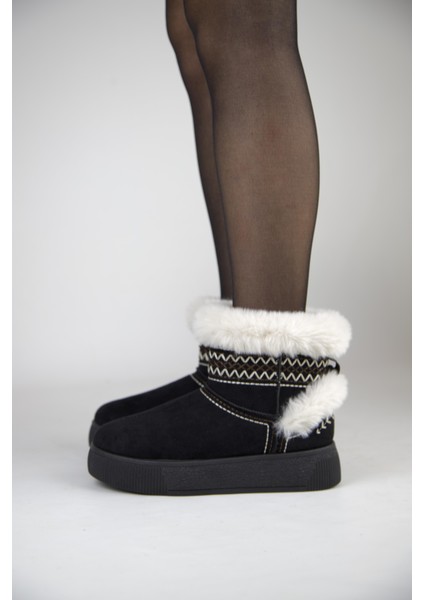 219851142-1 Kadın Yumuşak Rahat Kürklü Bot - Tekstil Süet Kışlık Siyah Bot fiyatları