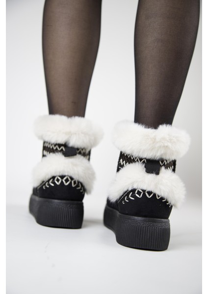 219851142-1 Kadın Yumuşak Rahat Kürklü Bot - Tekstil Süet Kışlık Siyah Bot modelleri