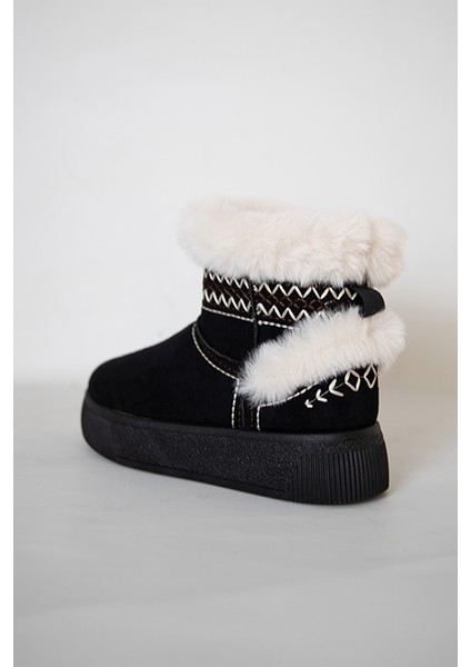 219851142-1 Kadın Yumuşak Rahat Kürklü Bot - Tekstil Süet Kışlık Siyah Bot fırsatları