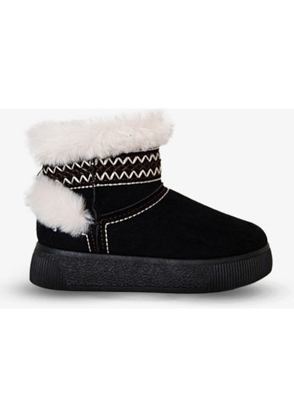 219851142-1 Kadın Yumuşak Rahat Kürklü Bot - Tekstil Süet Kışlık Siyah Bot