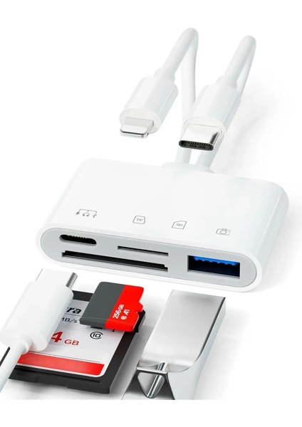 4 In 1 Lightning Type-C Çıkışlı Çoklu Kablolu Otg Çevirici Adaptör Sd Tf Kart Okuyucu USB Hub