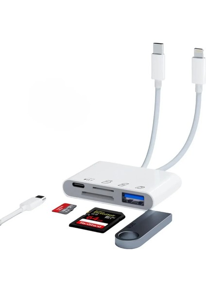 4 In 1 Lightning Type-C Çıkışlı Çoklu Kablolu Otg Çevirici Adaptör Sd Tf Kart Okuyucu USB Hub modelleri