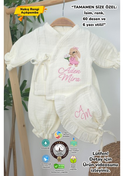 Müslin Yeni Doğan 4katlı Organik %100PAMUK Kişiye Özgü Nakışlı Hastane Çıkış Seti (Tavşan Modell-2)