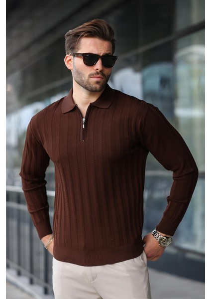 Kahverengi Yarım Fermuarlı Polo Yaka Triko Kazak E7426