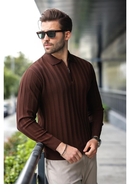 Kahverengi Yarım Fermuarlı Polo Yaka Triko Kazak E7426 fırsatları