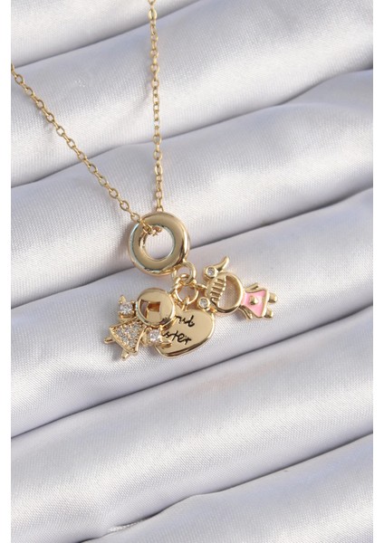 316L Çelik Gold Renk Zirkon Taş Detay Çocuk Figür Charm Model Kadın Kolye