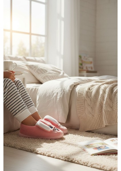 Kız Çocuk Panduf Okul Ayakkabısı Pofuduk Tavşan Peluş Panduf