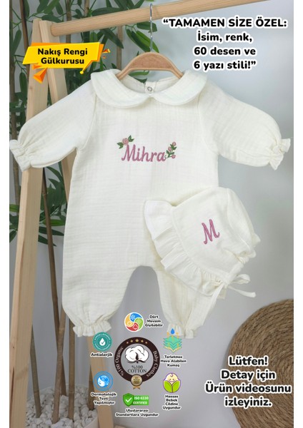 Müslin Yeni Doğan 4katlı Organik %100PAMUK Kişiye Özgü Nakışlı Hastane Çıkış Seti (Güllü Mode-3)