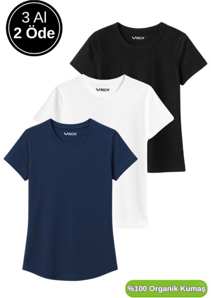 Kadın 3'lü Paket Siyah-Beyaz-Lacivert %100 Organik Pamuk Normal Kesim Tişört Bisiklet Yaka T-Shirt