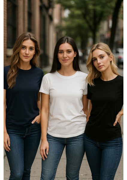 Kadın 3'lü Paket Siyah-Beyaz-Lacivert %100 Organik Pamuk Normal Kesim Tişört Bisiklet Yaka T-Shirt fiyatları