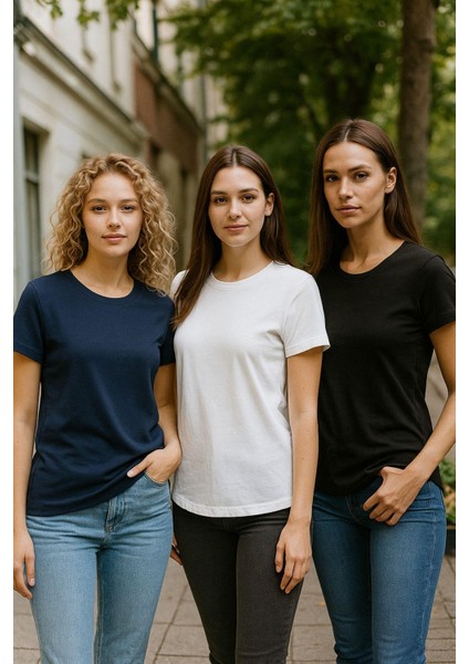 Kadın 3'lü Paket Siyah-Beyaz-Lacivert %100 Organik Pamuk Normal Kesim Tişört Bisiklet Yaka T-Shirt modelleri