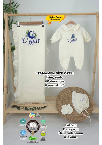 Müslin Yeni Doğan 4katlı Organik %100PAMUK Kişiye Özgü Nakışlı Hastane Çıkış Seti (Kurt Model-2)