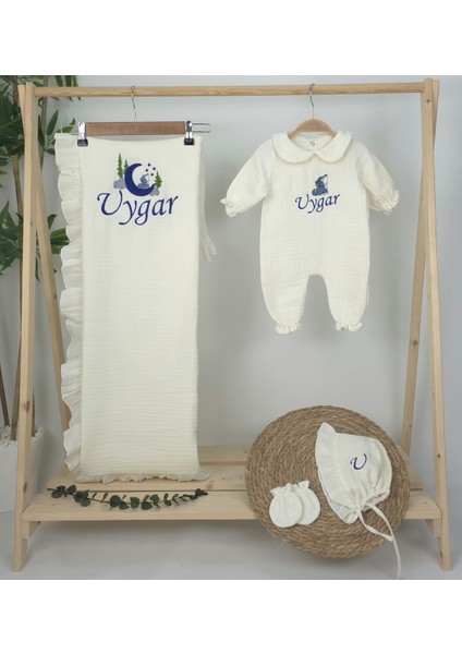 Müslin Yeni Doğan 4katlı Organik %100PAMUK Kişiye Özgü Nakışlı Hastane Çıkış Seti (Kurt Model-2) fiyatları