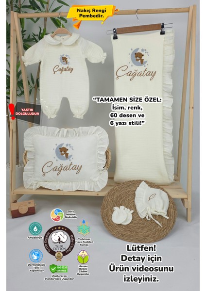 Müslin Yeni Doğan 4katlı Organik %100PAMUK Kişiye Özgü Nakışlı Hastane Çıkış Seti (Ayıcık Model 4)