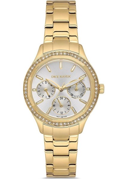 DK.1.AG1375.03 Taşlı Tasarım Çelik Kordon Çelik Kasa 5 Atm Suya Dayanıklı Altın Renk Kadın Kol Saati