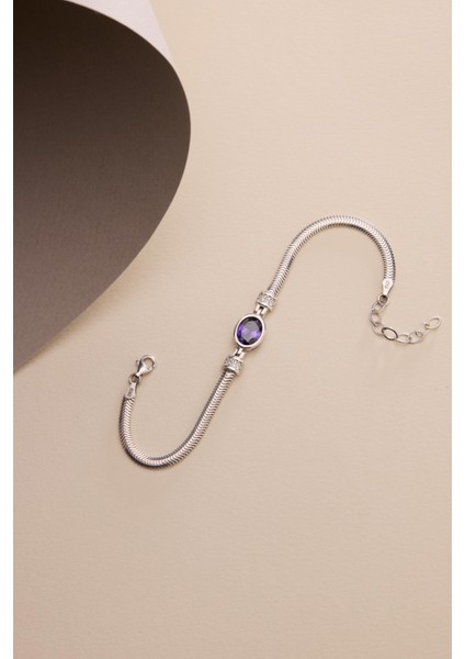 925 Ayar Gümüş Balık Sırtı Model Zincirli Rodyum Oval Mor Taşlı Bileklik fiyatları