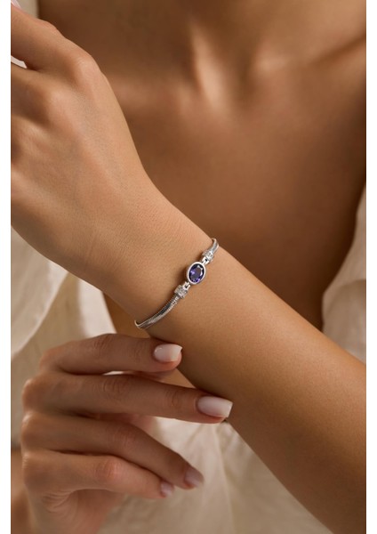 925 Ayar Gümüş Balık Sırtı Model Zincirli Rodyum Oval Mor Taşlı Bileklik modelleri