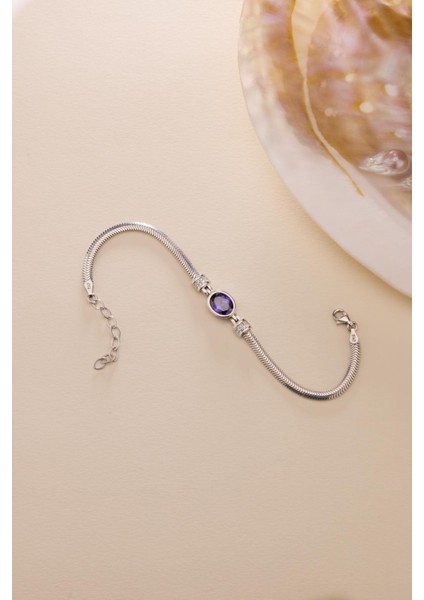 925 Ayar Gümüş Balık Sırtı Model Zincirli Rodyum Oval Mor Taşlı Bileklik fırsatları
