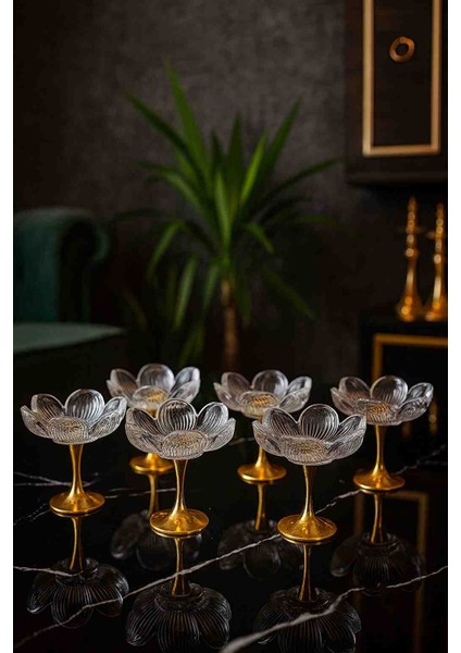 Gold Ayaklı Cam Lotus Çiçeği Desenli Sunum Kasesi | Kahve Yanı Atıştırmalık ve Şekerlik | 6 Lı Set