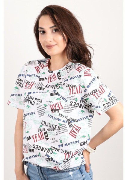 Kadın Baskılı Bisiklet Yaka Oversize T-Shirt