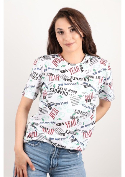 Kadın Baskılı Bisiklet Yaka Oversize T-Shirt fırsatları