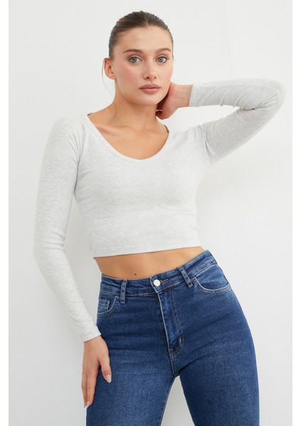 V Yaka Uzun Kol Crop Bluz