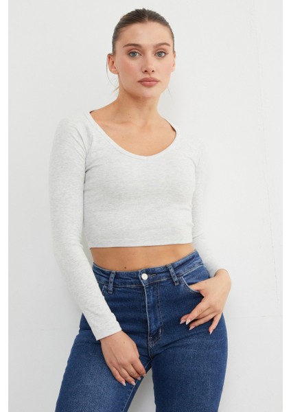 V Yaka Uzun Kol Crop Bluz modelleri