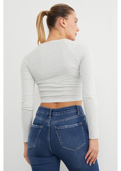 V Yaka Uzun Kol Crop Bluz indirimleri
