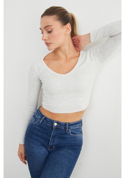 V Yaka Uzun Kol Crop Bluz