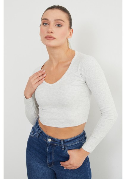 V Yaka Uzun Kol Crop Bluz