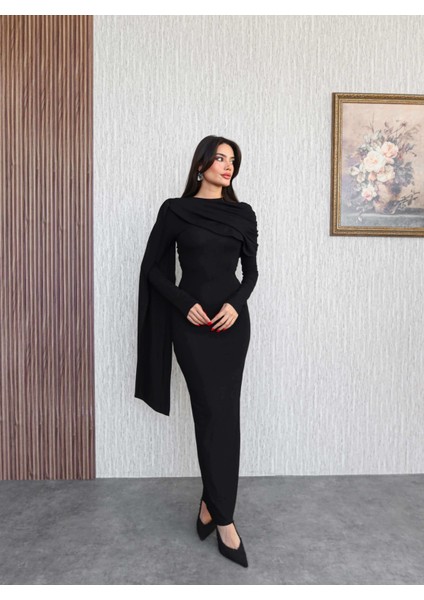 Şal Yaka Omuz Büzgülü Elbise