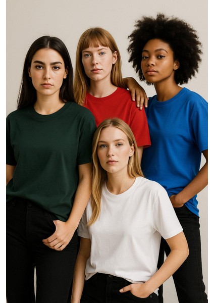 Kadın 4'lü Paket Antrasit-Beyaz-Kırmızı-Mavi Oversize Tişört %100 Pamuk Bisiklet Yaka T-Shirt fiyatları