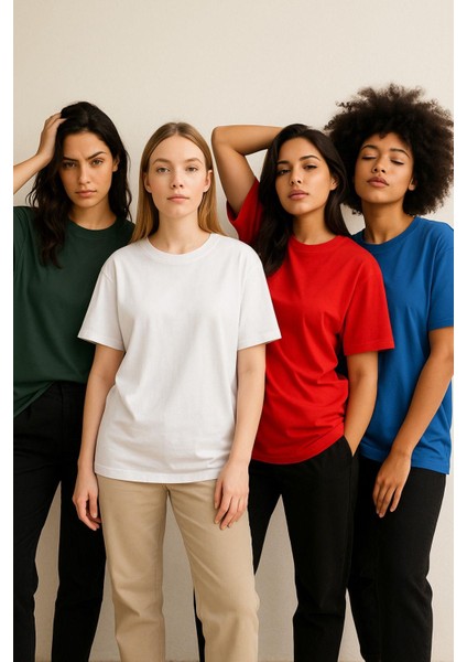 Kadın 4'lü Paket Antrasit-Beyaz-Kırmızı-Mavi Oversize Tişört %100 Pamuk Bisiklet Yaka T-Shirt modelleri