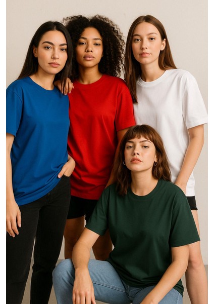 Kadın 4'lü Paket Antrasit-Beyaz-Kırmızı-Mavi Oversize Tişört %100 Pamuk Bisiklet Yaka T-Shirt indirimleri