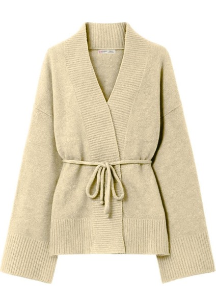 6966 Kadın V Yaka Ip Bağlamalı Triko Hırka Naturel
