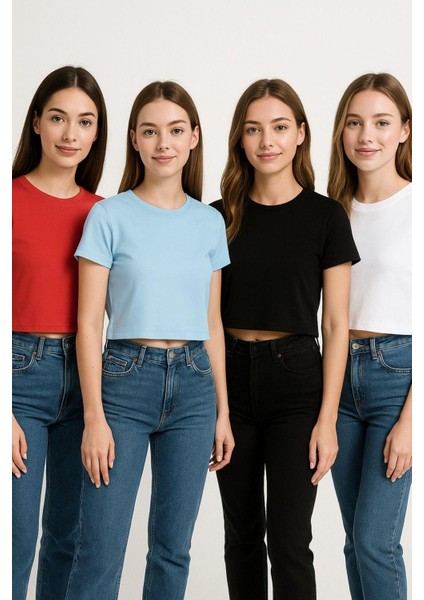 Kadın 4'lü Paket Oversize Crop Tişört %100 Pamuk Bisiklet Yaka T-Shirt fiyatları