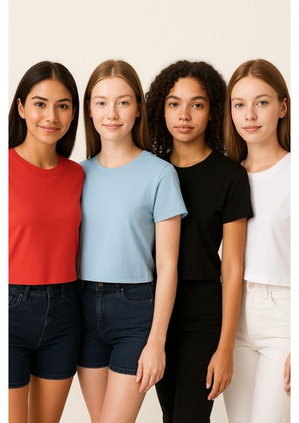 Kadın 4'lü Paket Oversize Crop Tişört %100 Pamuk Bisiklet Yaka T-Shirt modelleri