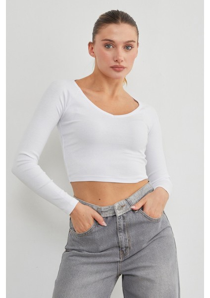 V Yaka Uzun Kol Crop Bluz