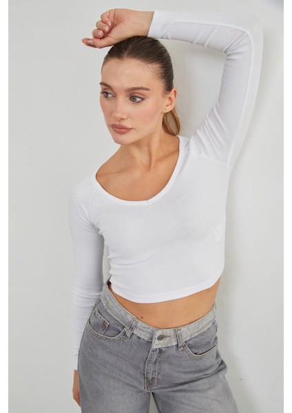 V Yaka Uzun Kol Crop Bluz fiyatları